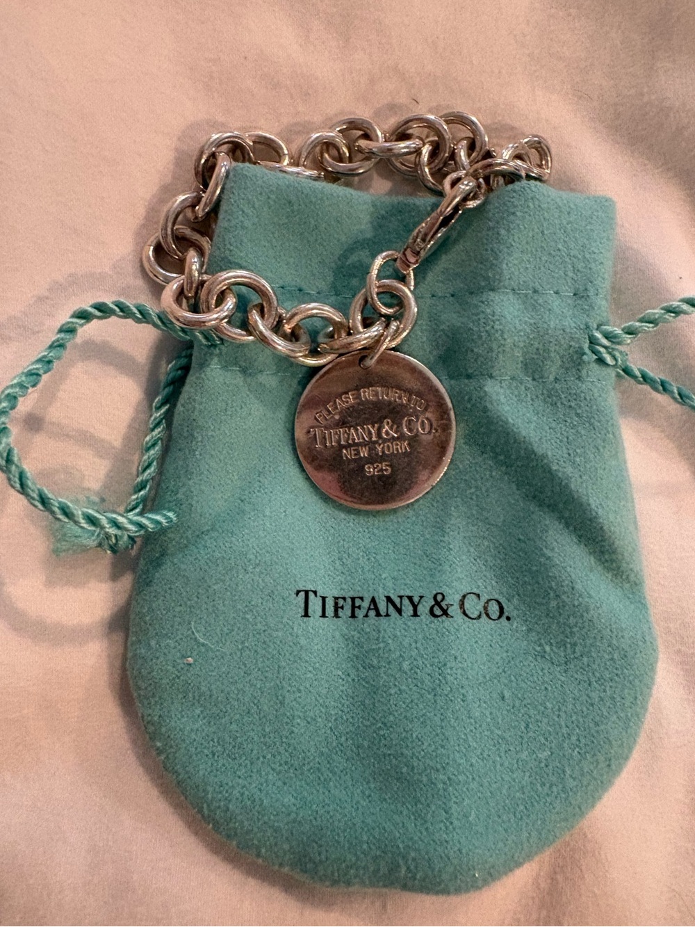 Tiffany & Co. Silver Round Tag Charm Bracelet with Blue Pouch